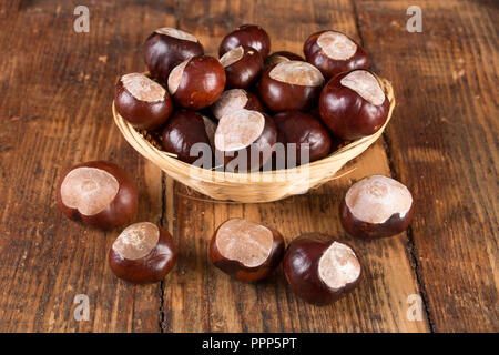 Chestnuts in retro basket and beautiful wooden desk. Autumn background concept. Close up, selective focus Stock Photo