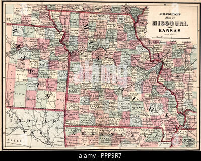 J H Colton's Map of Missouri and Kansas, circa 1863 Stock Photo