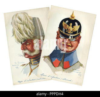 Two French historical postcards: portraits of Austrian and German officers of infantry in military uniform. The first world war 1914-18. Stock Photo