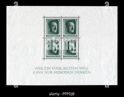 German postage stamp: block of four stamps: the 48th birthday of Adolf Hitler 20 April 1937, Germany, the Third Reich. Isolated on black background Stock Photo