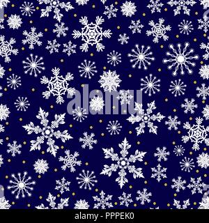 Christmas pattern made of white snowflakes and golden dots, vector winter seamless dark blue background with snow, xmas design holiday illustration. Stock Vector