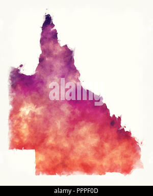 Queensland state watercolor map of Australia in front of a white background Stock Photo