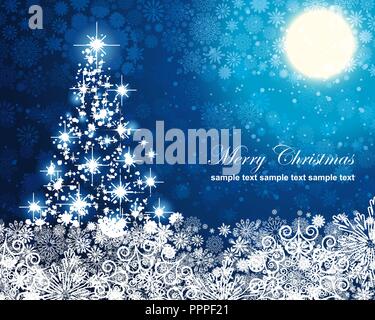 Abstract winter blue background, with stars, moon, snowflakes and Christmas tree, illustration Stock Vector