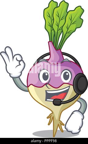 With headphone raw rutabaga root isolated on mascot Stock Vector