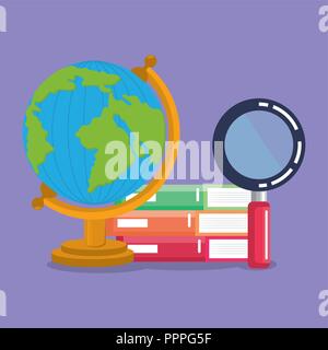 pile books with planet and magnifying Stock Vector