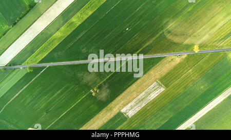 Green fields and road arial view Stock Photo