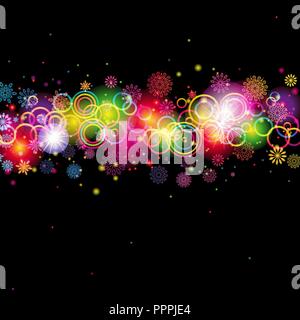 Abstract Circles and Snowflakes of llight with Raibow Colours Background Stock Vector