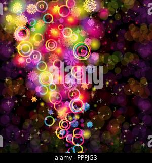Abstract colorful rings and snowflakes on a dark background. Christmas card. Stock Vector