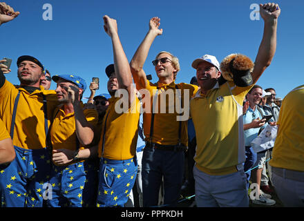 Team Europe's Paul Casey with Team Europe fans during preview day four of the Ryder Cup at Le Golf National, Saint-Quentin-en-Yvelines, Paris. Stock Photo