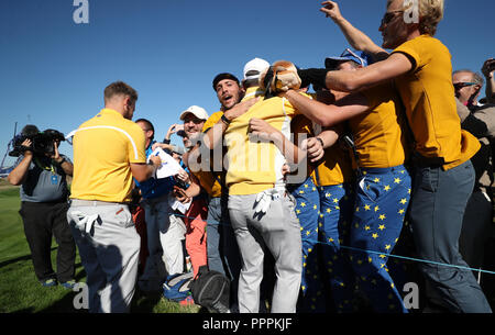 Team Europe's Paul Casey with Team Europe fans during preview day four of the Ryder Cup at Le Golf National, Saint-Quentin-en-Yvelines, Paris. Stock Photo