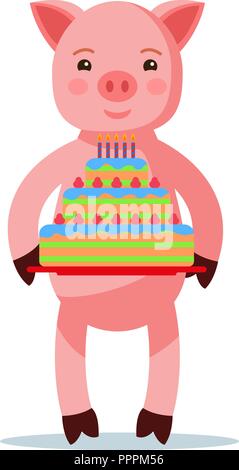 Pink cartoon piglet standing with a cake Stock Vector