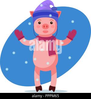 Pink piggy looking at the falling snow Stock Vector