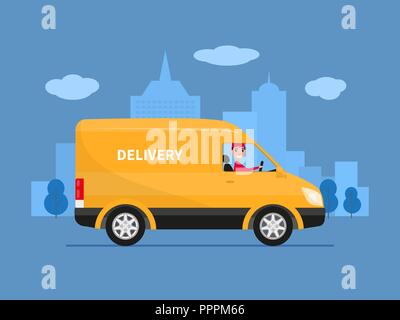 Vector cartoon delivery van with deliveryman Stock Vector