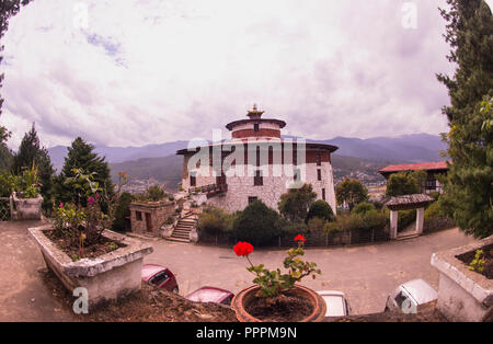 Paro,National Museum,Ta Dzong,north side,to valley hills,Bhutan. Stock Photo