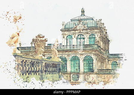 A watercolor sketch or illustration. Zwinger in Dresden in Germany ...