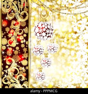 Vector Christmas card with Christmas decor, snowflakes on golden and red background. Stock Vector