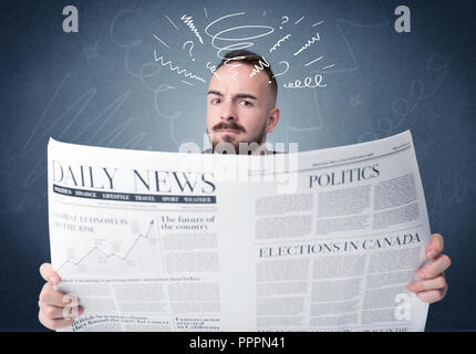 Confused businessman holding newspaper concept Stock Photo