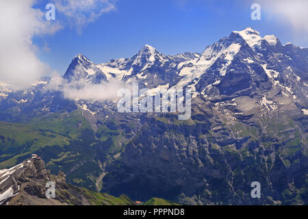 Summer in the Swiss Alps, Murren area, overlooking the Eiger, Monch, Jungfrau and Birg summits Stock Photo