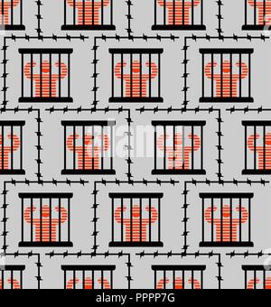 Jail pattern seamless. Prisoner in prison background. Perpetrator and bars on windows. Barbed wire around perimeter Stock Vector
