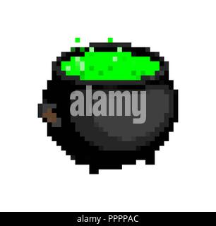 Pot witch pixel art. Boiler potion 8 bit. Halloween vector illustration Stock Vector