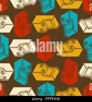Old Arcade Machine Gaming pattern seamless. Retro Video Game play background Stock Vector