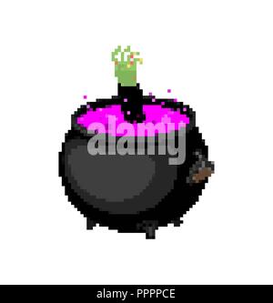 Pot witch pixel art. Boiler potion 8 bit. Halloween vector illustration Stock Vector