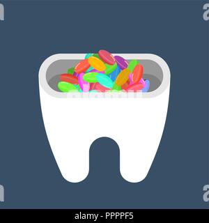 Hole in tooth and candy. Teeth ache from sweet. Caries. Dentist vector illustration Stock Vector
