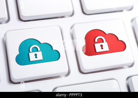 Macro Of Secure And Unsecure Cloud Buttons With Open And Closed Lock Icon On A White Keyboard Stock Photo
