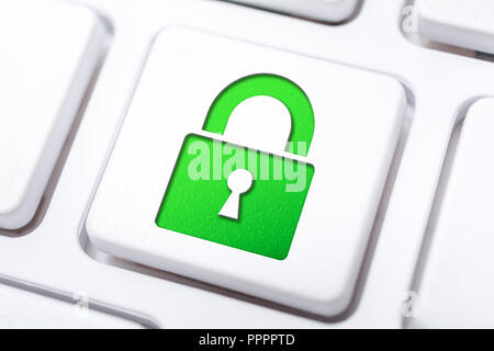 Macro Of A Green Lock Security Icon On A Keyboard Button Stock Photo