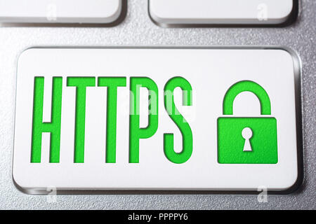 Macro Of The Word HTTPS With A Lock Security Icon On A Keyboard Button Stock Photo