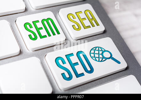 Macro Of The Words SEO, SEM And SEA On Three Keyboard Buttons Stock Photo