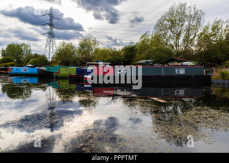 London, United Kingdom - September 15, 2018: View of houseboats docked on the river Thames alongside the Lea Valley Walk. Stock Photo