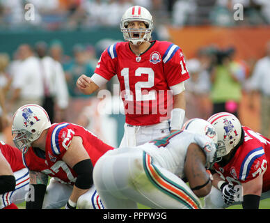 New England Patriots quarterback Tom Brady call an audible against the Miami Dolphins at Landshark stadium in Miami on December 6, 2009. Stock Photo