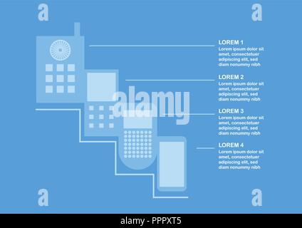 Transformation of mobile phone form ancient to present time. Vector illustration isolated on blue background with text space. Stock Vector