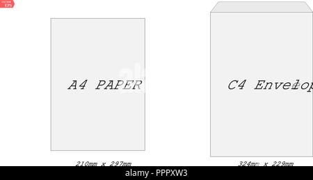 C4 blank mockup white letter paper envelope. Vector template of A4 C4, A5 C5, A3 C3 Stock Vector