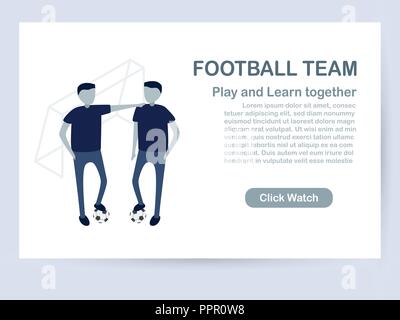 Website template design isolated on white background with copy space in blue tone. Vector illustration for UX/UI with character of soccer players. Stock Vector