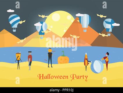 Minimal scene for halloween day and balloon festival, 31 October, with monsters that include glass, pumpkin man, frankenstein, umbrella, joker. Vector Stock Vector