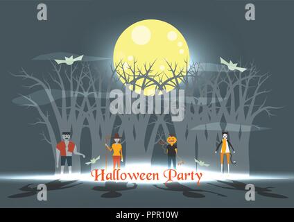 Minimal scene for halloween day, 31 October, with monsters that include pumpkin man, frankenstein, witch woman, cat. Vector illustration. Stock Vector