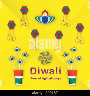 Invitation card for Diwali festival of Hindu. Vector illustration design in paper cut style. Stock Vector