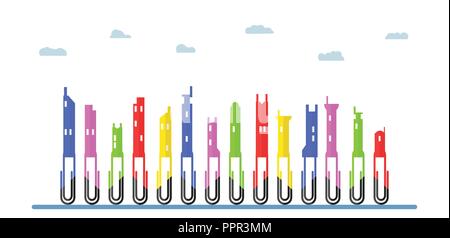 Colorful paper clips in concept of flat city. Vector design isolated on white background with blue cloud. Stock Vector
