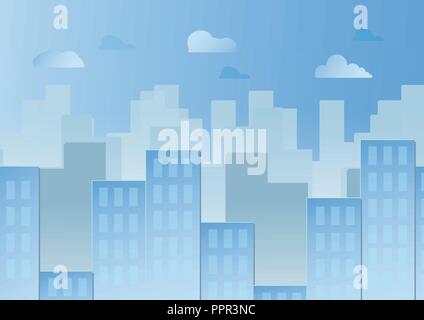 Blue sky with cloud and urban buildings. Vector illustration design in paper cut and flat. Stock Vector