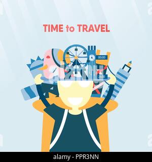 Poster design for travelling of the world isolated on blue background. Vector illustration for T-shirt, cover, banner, advertisement in flat style. Stock Vector