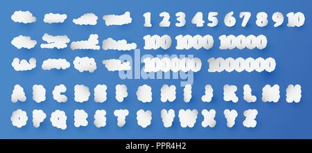 Set of number and 26 English alphabet in shape of cloud on blue gradient background. Vector illustration in paper cut style. Stock Vector