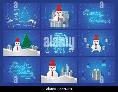 Scene of Chirstmas day on blue background with snowman, tree, snow and present box. Vector illustration. Stock Vector