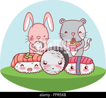 Cute animals with sushi kawaii Stock Vector
