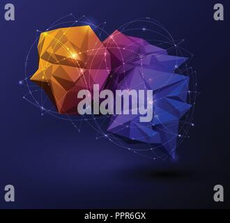 Vector 3D Illustration Geometric, Polygon, Line,Triangle pattern shape with molecule structure. Polygonal with blue purple, yellow on dark blue backgr Stock Vector