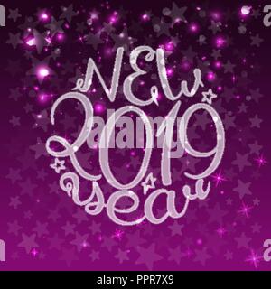 2019. Happy New Year. Lettering text. Vector illustration purple background. Stock Vector