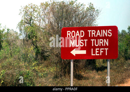 ROAD TRAINS 'MUST TURN LEFT' SIGN, WESTERN AUSTRALIA Stock Photo
