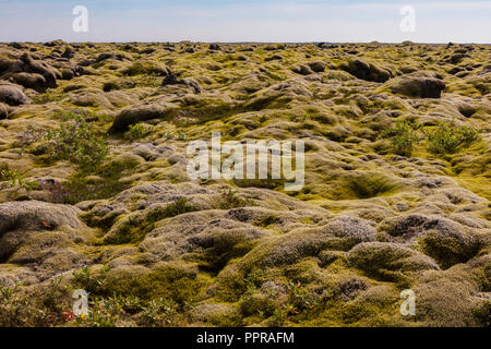 A cloudy sky and the ancient lava field, covered with moss near Vik, Iceland, seen from the famous Ring Road that is well traveled by tourists. Stock Photo