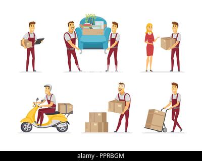Delivery and moving service - cartoon people characters set of situations Stock Vector